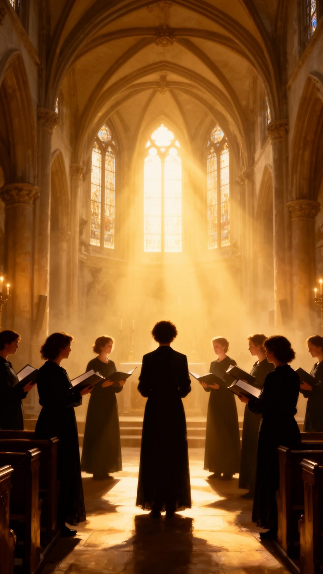 Choir singing in warm cathedral light
